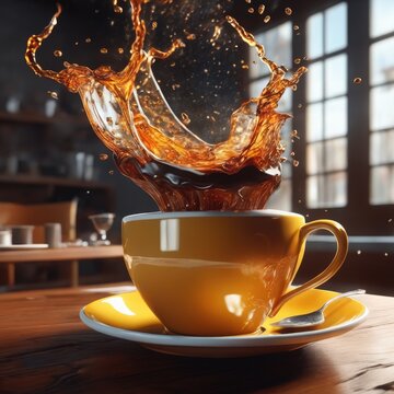 A cup of coffee with splashes on the bar. Generative AI
