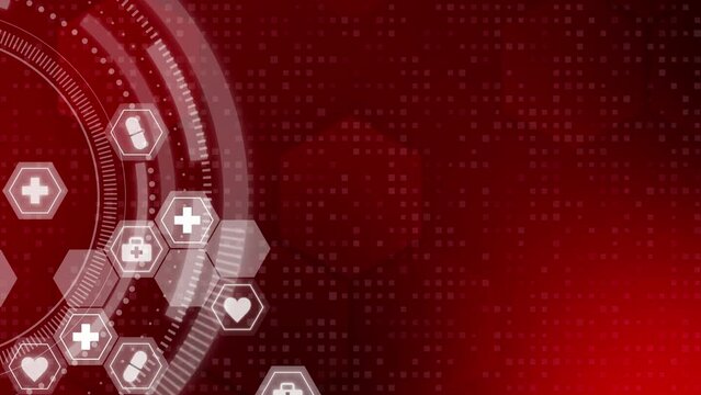 Red abstract medical futuristic background with healthcare icons in hexagons. Round HUD element. Looped motion graphics.