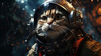 A graceful cat, wearing a sparkling astronaut helmet, gracefully drifts in zero gravity, its eyes fixated on a hovering space-fish, surrounded by a myriad of sparkling constellations.