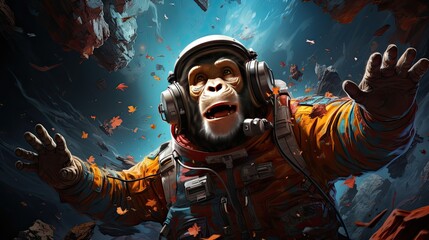 Obraz premium A mischievous chimp, donning a shimmering astronaut helmet, floats amidst bright stars and galaxies, curiously reaching out to touch a passing comet.
