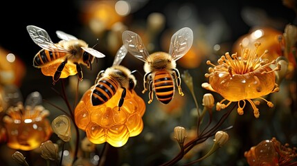 A swarm of bees, each encased in a tiny space bubble, buzz harmoniously as they pollinate floating space flowers, turning them into glowing star blossoms - obrazy, fototapety, plakaty