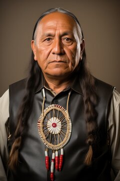 Native American man portrait in studio on white background. Indigenous male headshot in traditional clothing