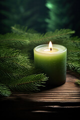 Obraz na płótnie Canvas Green aromatic candle on a wooden table against the background of a Christmas tree