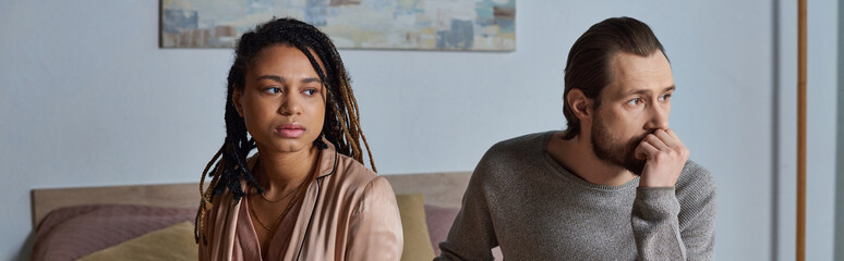 sad african american woman holding pregnancy test near man, interracial couple, abortion, banner