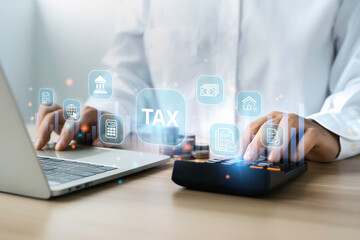 Business using a computer to complete Individual income tax form on online for tax payment....