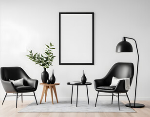 Black empty frame mockup on white wall in modern interior, Artwork template mock up in interior design, View of modern scandinavian style interior with trendy vase. generative AI