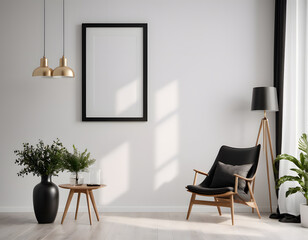 Black empty frame mockup on white wall in modern interior, Artwork template mock up in interior design, View of modern scandinavian style interior with trendy vase. generative AI