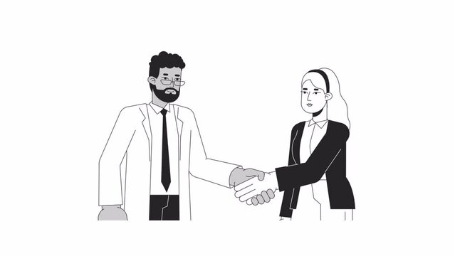 Negotiating business people bw outline 2D characters animation. Coworkers networking monochrome linear cartoon 4K video. Leaders colleagues shaking hands animated people isolated on white background