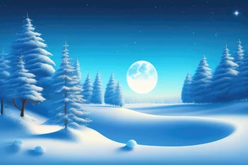 Printed roller blinds Fantasy Landscape A beautiful drawing of a snowy winter landscape with a bright full moon and snowdrifts. AI generated.