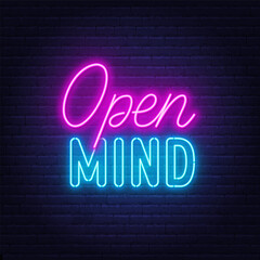 Open Mind neon lettering on brick wall background.