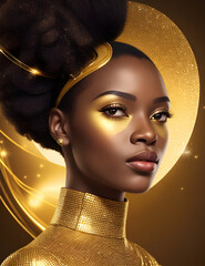 Golden Radiance: AI-Generated African American Woman in Luxurious Gold Dress on Sparkling Gold Background (Close-Up)