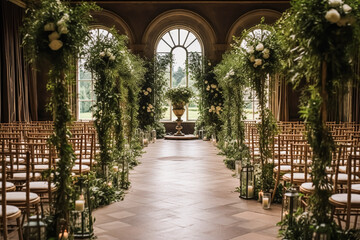 Fototapeta na wymiar Wedding aisle, floral decor and marriage ceremony, autumnal flowers and venue decoration in the English countryside estate mansion, autumn country style