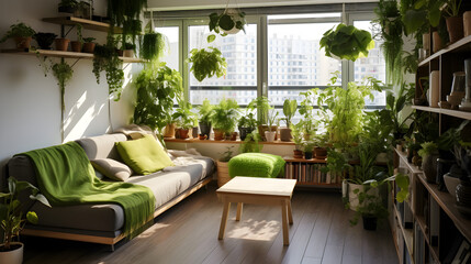 intérieur moderne, salon rempli de plantes vertes - 640591516