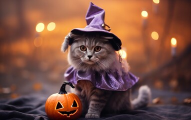 Photo a cat wearing witch hat sitting next to pumpkins in studio 