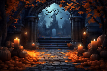 Beautiful Halloween horizontal composition, holiday background with a castle, bats, pumpkins and candles. Darkness backrdop in blue and orange colors. Generative AI