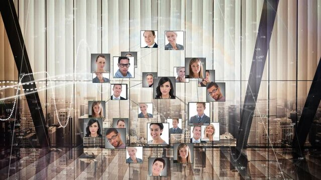 Animation of network of digital people photos over empty office