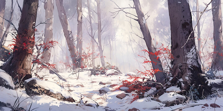 Anime Winter forest background woodland snow backdrop ,Generated AI © dan