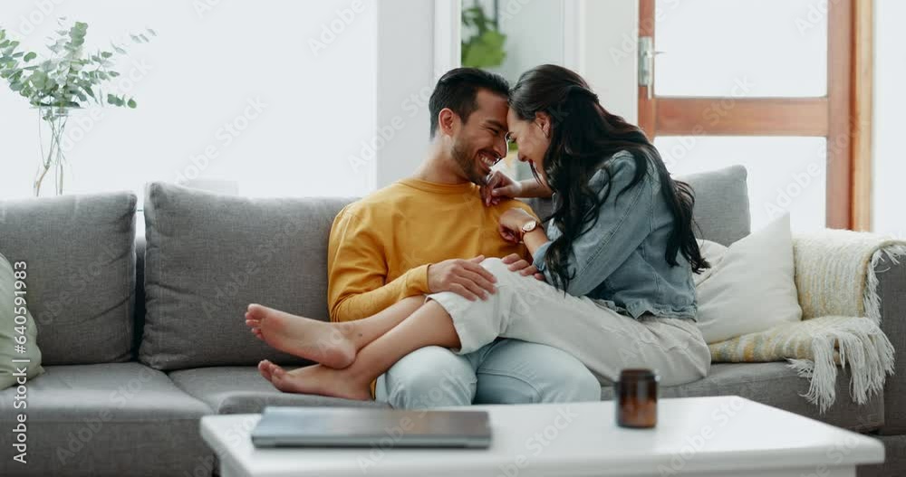 Wall mural Couple, relax and romance on sofa, talk and happy in home living room, bonding and funny joke. Man, woman and smile together with intimate chat, care and comic conversation on lounge couch in house