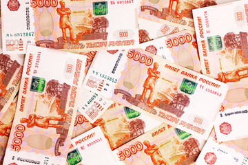 Flat lay 5 thousand rubles. banknotes of russian rubles with a face value 