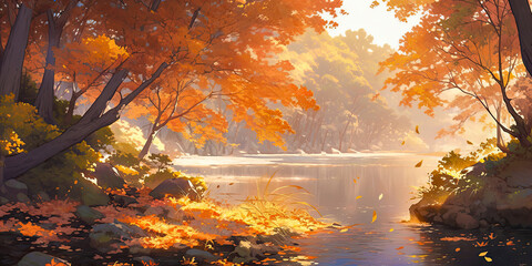 Anime forest lake Autumn colors background woodland backdrop ,Generated AI