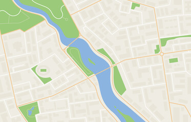 Part of the city map. City plan with roads, buildings, conditional marks. Vector illustration