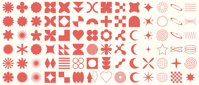 Big vector set of brutalist geometric shapes. Trendy abstract minimalist figures, stars, flowes, circles. Modern abstract graphic design elements.Vector illustration