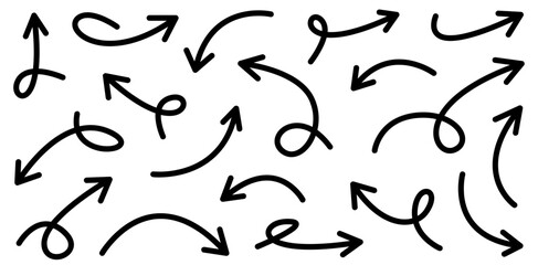 Elegant sketch curved  arrows set for business plan, presentation and education. Sign, Symbol, Hand drawn arrow collection