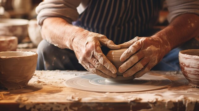 Generative AI, hands with clay making of a ceramic pot in the pottery studio, hobby and leisure concept