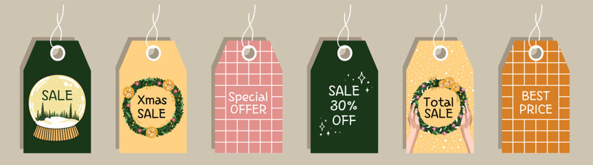 Set of discount price tags. Christmas sale. Labels with winter background. Template for shopping tags.