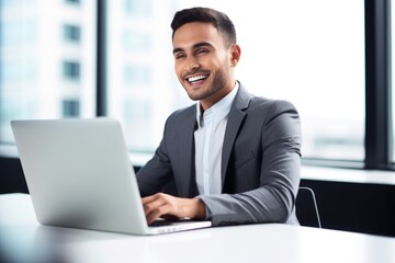 Obraz premium shot of a happy young businessman using his laptop in the office