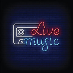 Obraz premium Neon Sign live music with brick wall background vector