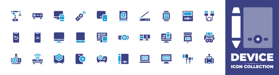 Device icon collection. Duotone color. Vector and transparent illustration. Containing responsive, camera remote control, screen, tablet, settings, device, storage, responsive design, video, and more.