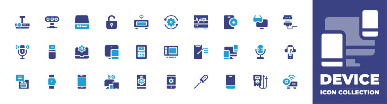 Device icon collection. Duotone color. Vector and transparent illustration. Containing ecg, add, diagnose, devices, harddisk, unlock, vascular closure device, phone, laptop, responsive, and more.
