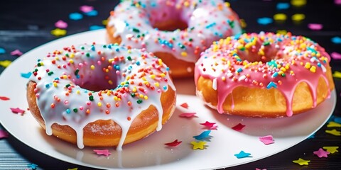 Assorted glazed donuts. Colorful donuts with icing as background with copy space.