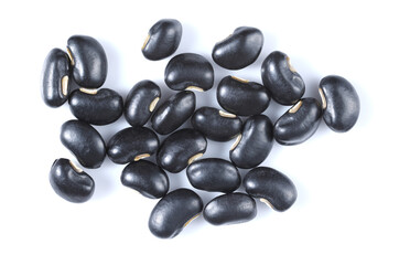 close-up top view raw black beans dried vegetable seeds healthy vegetarian food isolated on white background