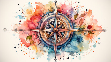 Watercolor compass clip art, white isolated background, space out - obrazy, fototapety, plakaty