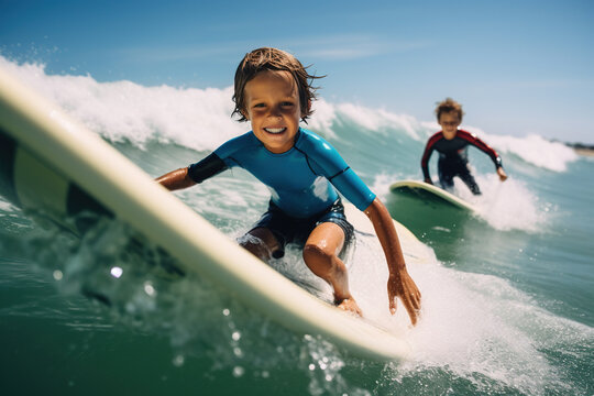 Two school boy surfers going for water surfing