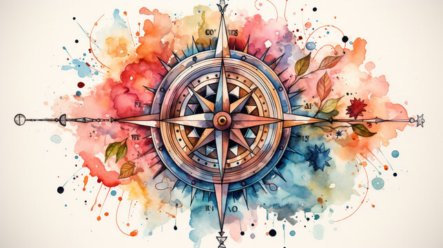 Watercolor compass clip art, white isolated background, space out