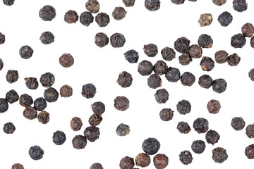 top view close up Heap of black pepper seeds. Spice. Isolated on white background.