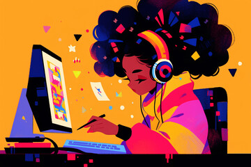 girl working in front of the computer, business office illustration