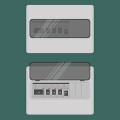Electrical circuit breaker panel. Vector illustration featuring closed and open view of power distribution system