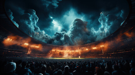 Football scene at night match with with cheering fans at the stadium - obrazy, fototapety, plakaty