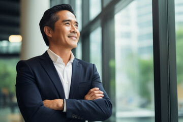 Happy proud prosperous mid aged mature professional Asian business man ceo executive wearing suit standing in office arms crossed looking away thinking of success, leadership, side profile view. - Powered by Adobe