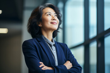 Naklejka premium Happy proud prosperous mid aged mature professional Asian business woman ceo executive wearing suit standing in office arms crossed looking away thinking of success, leadership, side profile view.