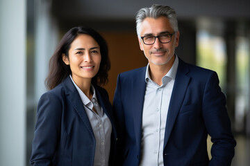 Happy confident professional mature business man and business woman corporate leaders managers standing in office, two diverse colleagues executives team posing together, portrait