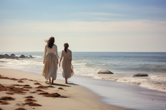 Young women strolling along a beach