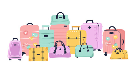 Travel luggage and suitcase vector cartoon set