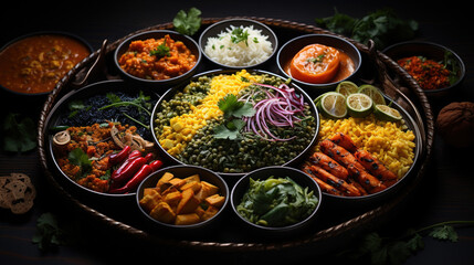 with colorful dishes of indian food, in the style of aerial view, textural prints, language-based sharp focus professional studio light highly detailed soft shadows grading