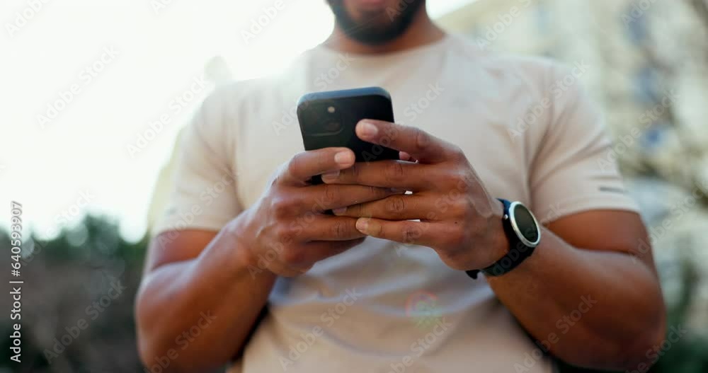 Poster smartphone, hands typing and man in nature outdoor on social media, internet and networking. phone, 