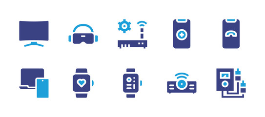 Device icon set. Duotone color. Vector illustration. Containing monitor, vr glasses, electronic devices, smartwatch, router, add, end, projector, voltmeter.